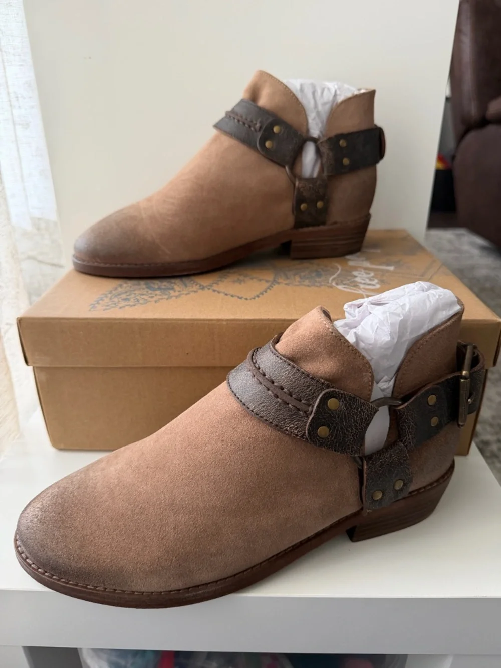 FREE PEOPLE Belle Harness Boots - Size 8 - Fawn Suede Boho Western Ankle Boots